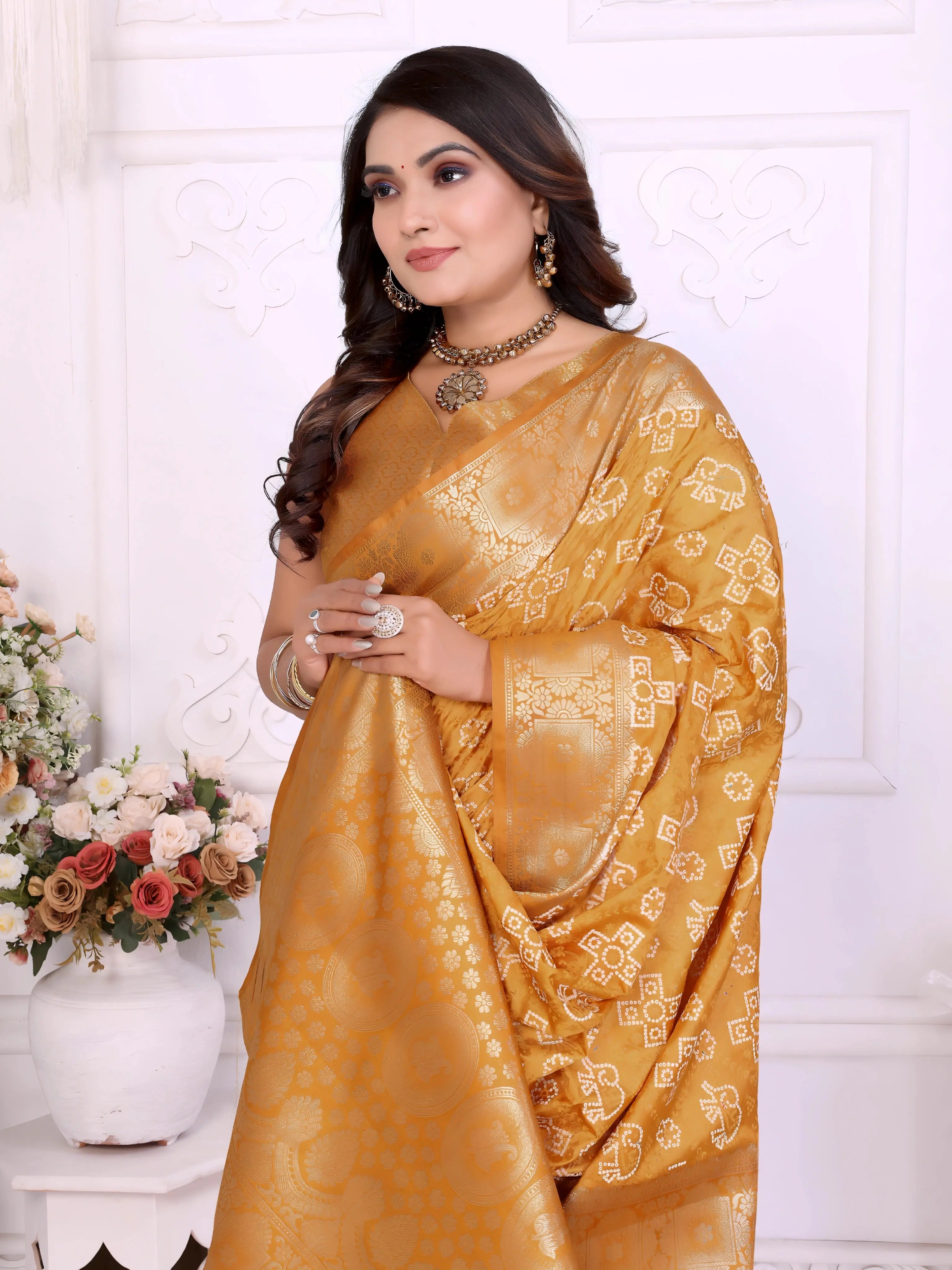 Mustard Yellow Zari Weaving Soft Satin Silk Saree